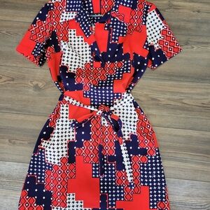 Bold Geo-Print Tie-Waist Dress in Red & Navy